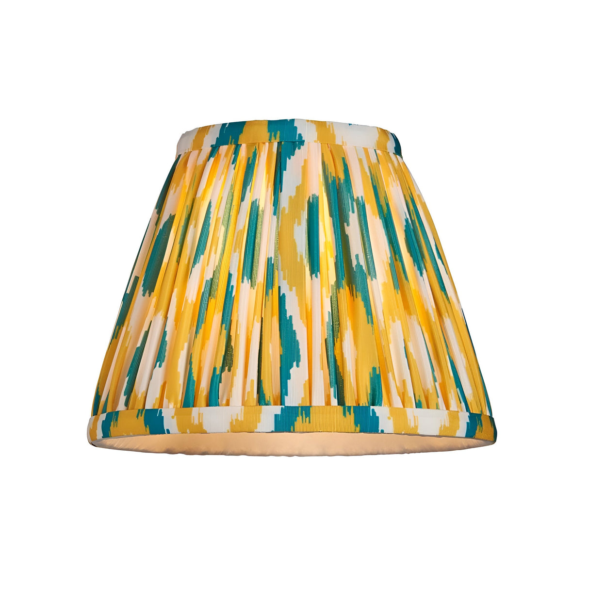 Cranwick LED Ikat table lamp shade in yellow, teal and white patterned fabric, shown on a plain white background.