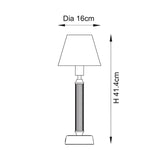 Dimension diagram of Endon Cranwick LED rechargeable table lamp with Ivy shade, showing 16cm diameter and 41.4cm height on a white background.
