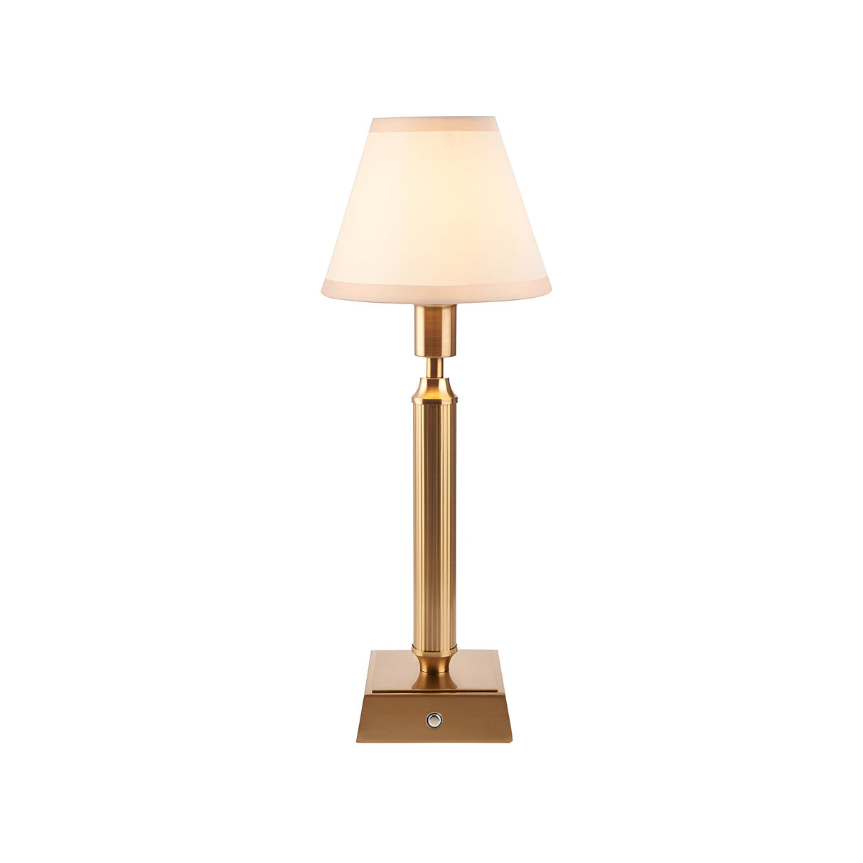 Endon Cranwick LED rechargeable table lamp with a reeded brushed brass stem, square base, and tapered ivy white fabric shade on a plain background.