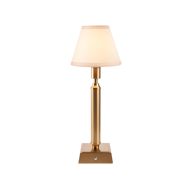 Endon Cranwick LED rechargeable table lamp with a reeded brushed brass stem, square base, and tapered ivy white fabric shade on a plain background.