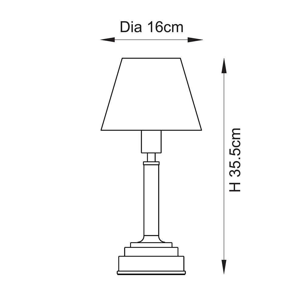 Endon Danebourne LED Leaf table lamp dimension diagram showing 35.5cm height and 16cm shade diameter on a plain white background.