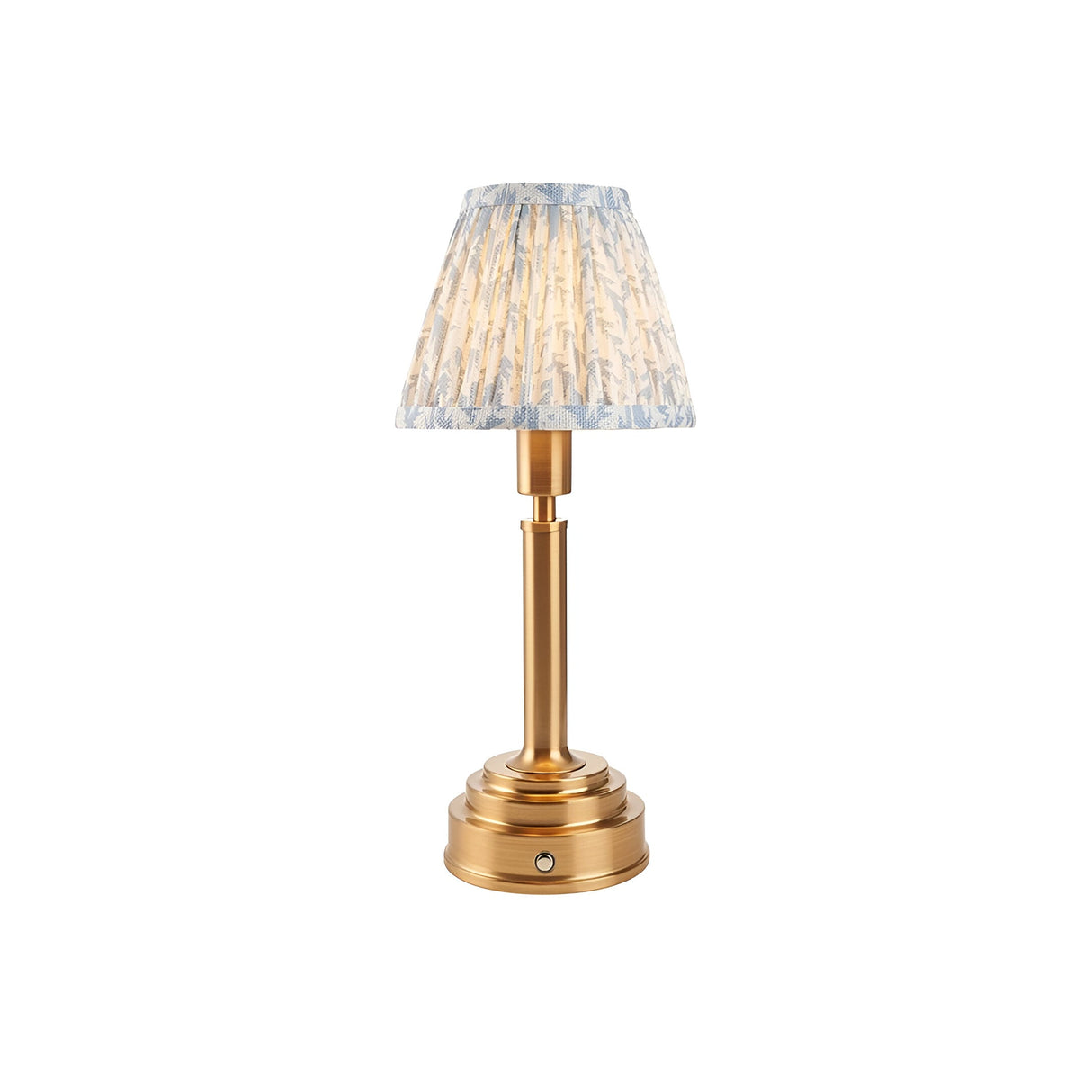 Danebourne LED table lamp with a brass stepped base, touch dimmer, and pleated white and blue leaf-patterned fabric shade.