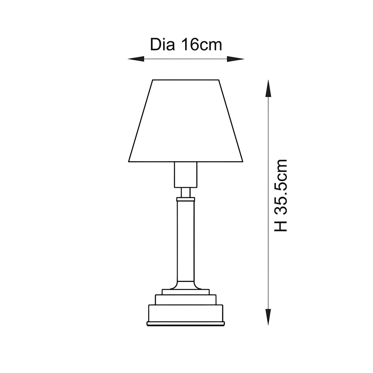 Line drawing of the Danebourne LED rechargeable table lamp showing a tapered fabric shade on a stepped brass base, 16cm diameter and 35.5cm height.