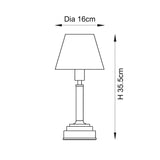 Line drawing of the Danebourne LED rechargeable table lamp showing a tapered fabric shade on a stepped brass base, 16cm diameter and 35.5cm height.