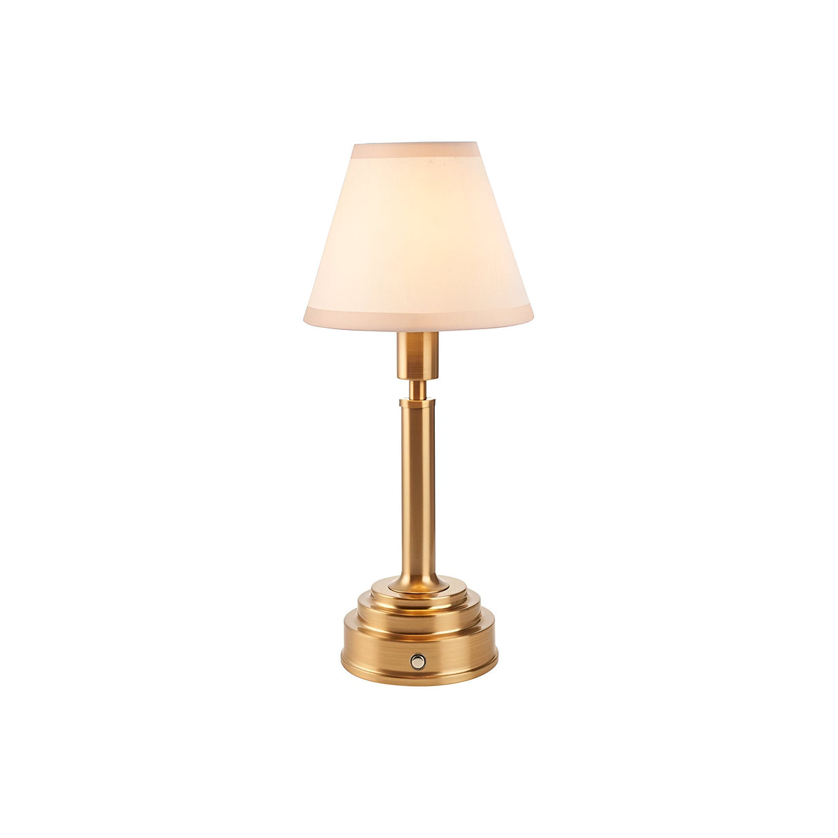 Danebourne LED rechargeable table lamp with a tapered white fabric shade on a stepped brushed brass base with touch dimmer, shown on a plain white background.