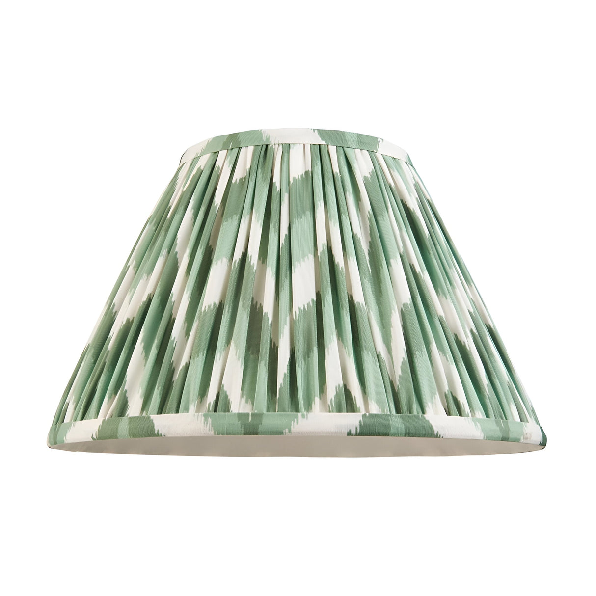 Endon Carlworth Zigzag pleated tapered table lamp shade in green and white faux silk, shown on a plain white background.