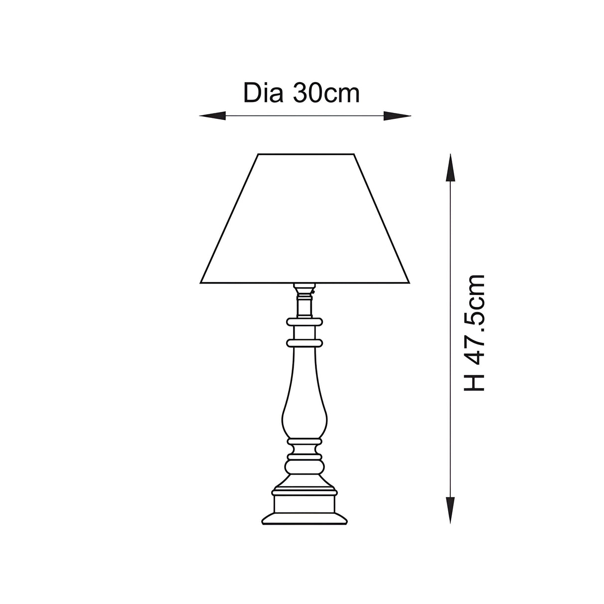 Dimension diagram of the Endon Carlworth Zigzag table lamp showing a 30cm shade diameter and 47.5cm overall height on a white background.