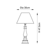 Dimension diagram of the Endon Carlworth Zigzag table lamp showing a 30cm shade diameter and 47.5cm overall height on a white background.