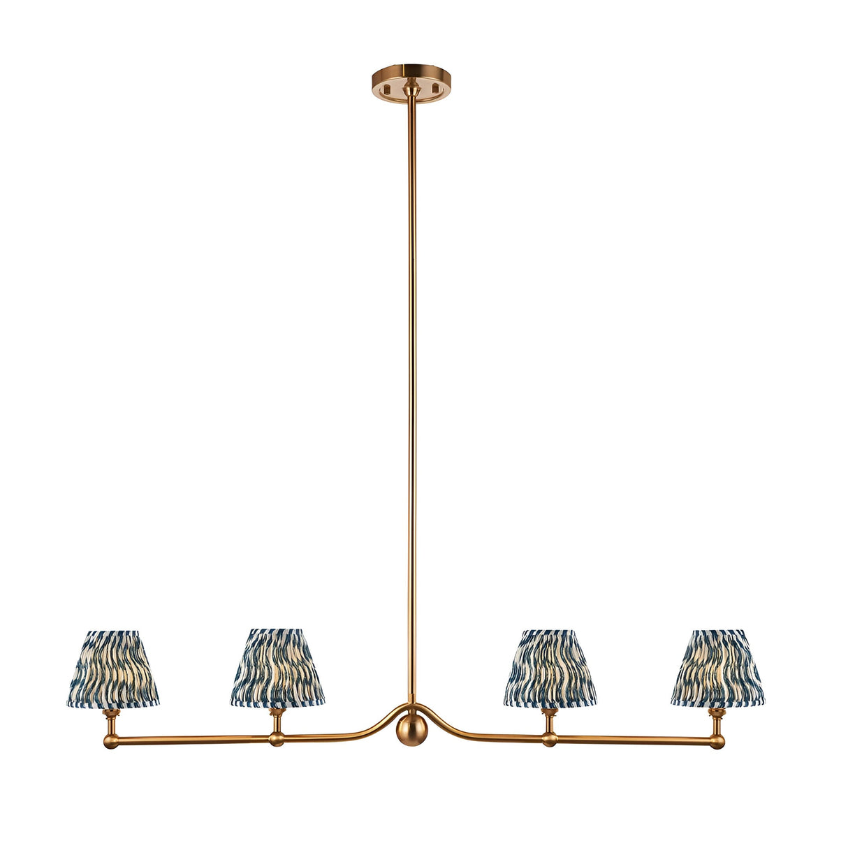 Cliffleigh 4 Light Ripple Pendant in brushed aged brass with a linear bar and four tapered blue patterned fabric shades, shown on a plain white background.