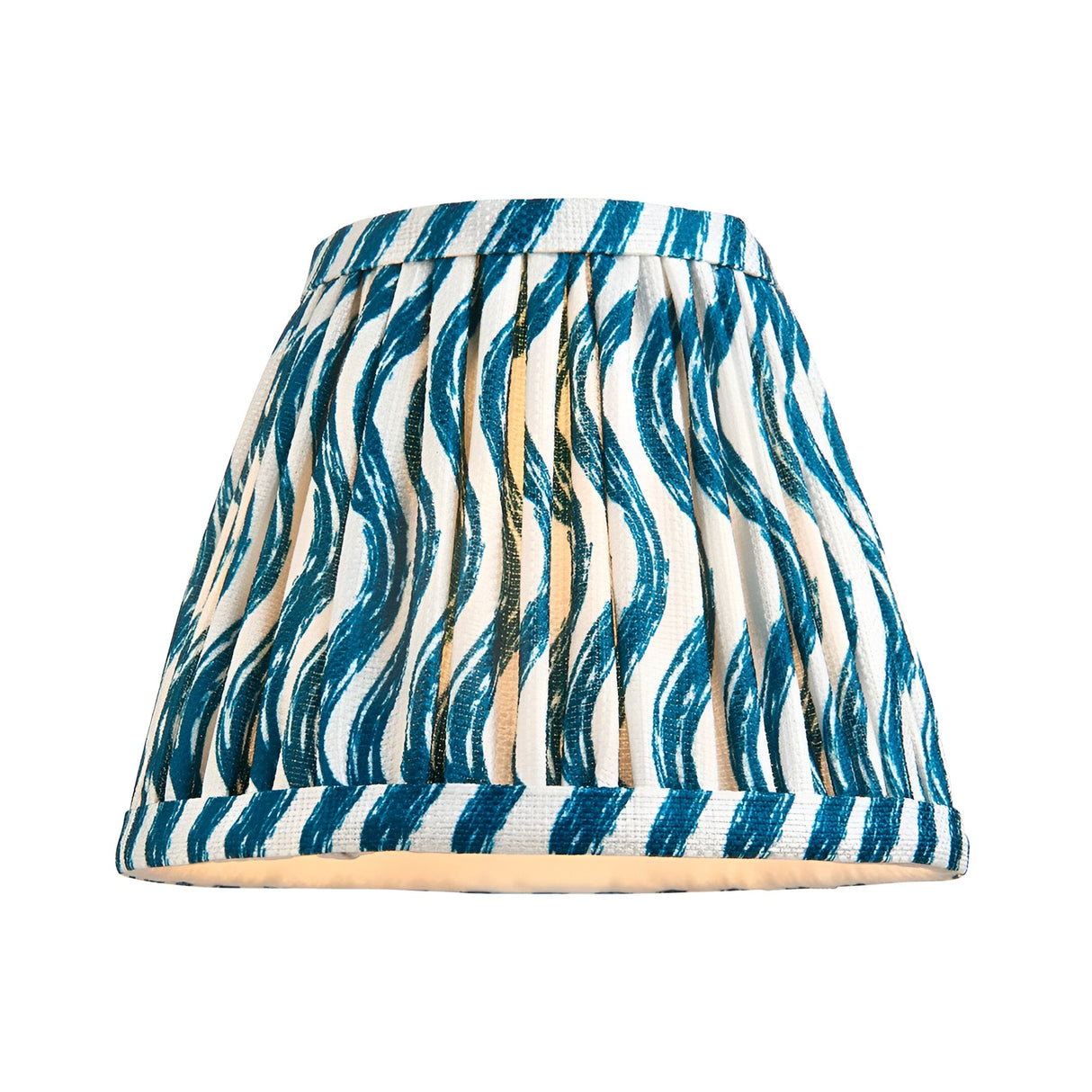 Cliffleigh pendant light shade in blue and white wavy-print fabric with gathered pleats, shown as a single tapered shade on a plain white background.