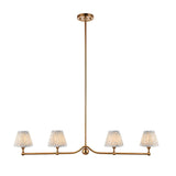 Endon Cliffleigh Leaf 4 light linear pendant in brushed aged brass with four tapered blue Leaf-print shades along a slim bar with sphere detail.