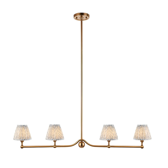 Endon Cliffleigh Leaf 4 light linear pendant in brushed aged brass with four tapered blue Leaf-print shades along a slim bar with sphere detail.
