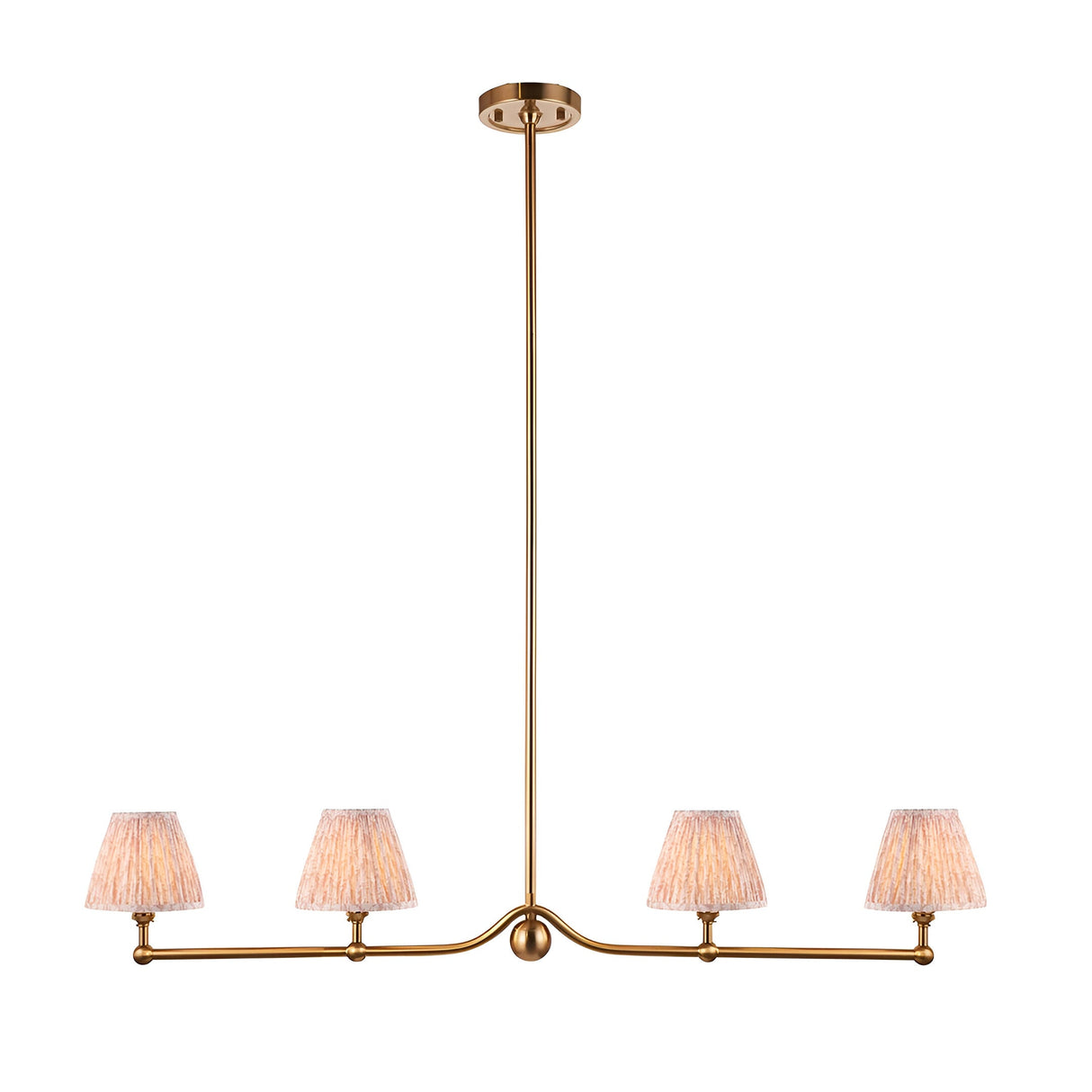 Cliffleigh Leaf 4-Light Linear Pendant in brushed brass with a slim rod, sphere detail, and four tapered fabric shades on a linear bar.