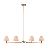 Cliffleigh Leaf 4-Light Linear Pendant in brushed brass with a slim rod, sphere detail, and four tapered fabric shades on a linear bar.