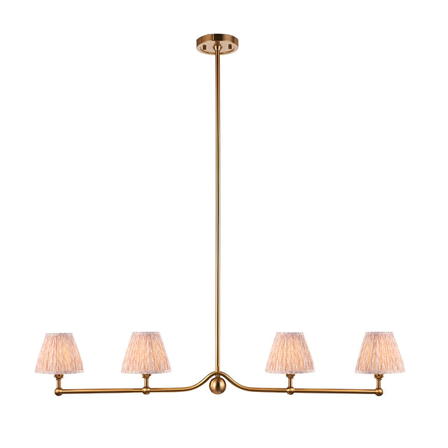 Cliffleigh Leaf 4-Light Linear Pendant in brushed brass with a slim rod, sphere detail, and four tapered fabric shades on a linear bar.