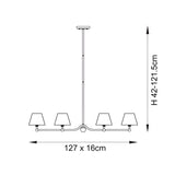 Line drawing of the Cliffleigh Leaf 4 Light Linear Pendant in brass with four tapered fabric shades on a slim bar, adjustable drop height.