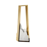 The Atria LED Left Alabaster Wall Light features a tall, brushed brass frame with an abstract white alabaster shape reminiscent of mountain peaks inside.
