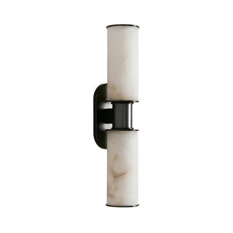 The Lumara 2 Light Twin Tube Alabaster Wall Light in soft white and matte black features twin cylindrical shades—one above and one below the plate—with subtle alabaster-style marbling for a modern touch.