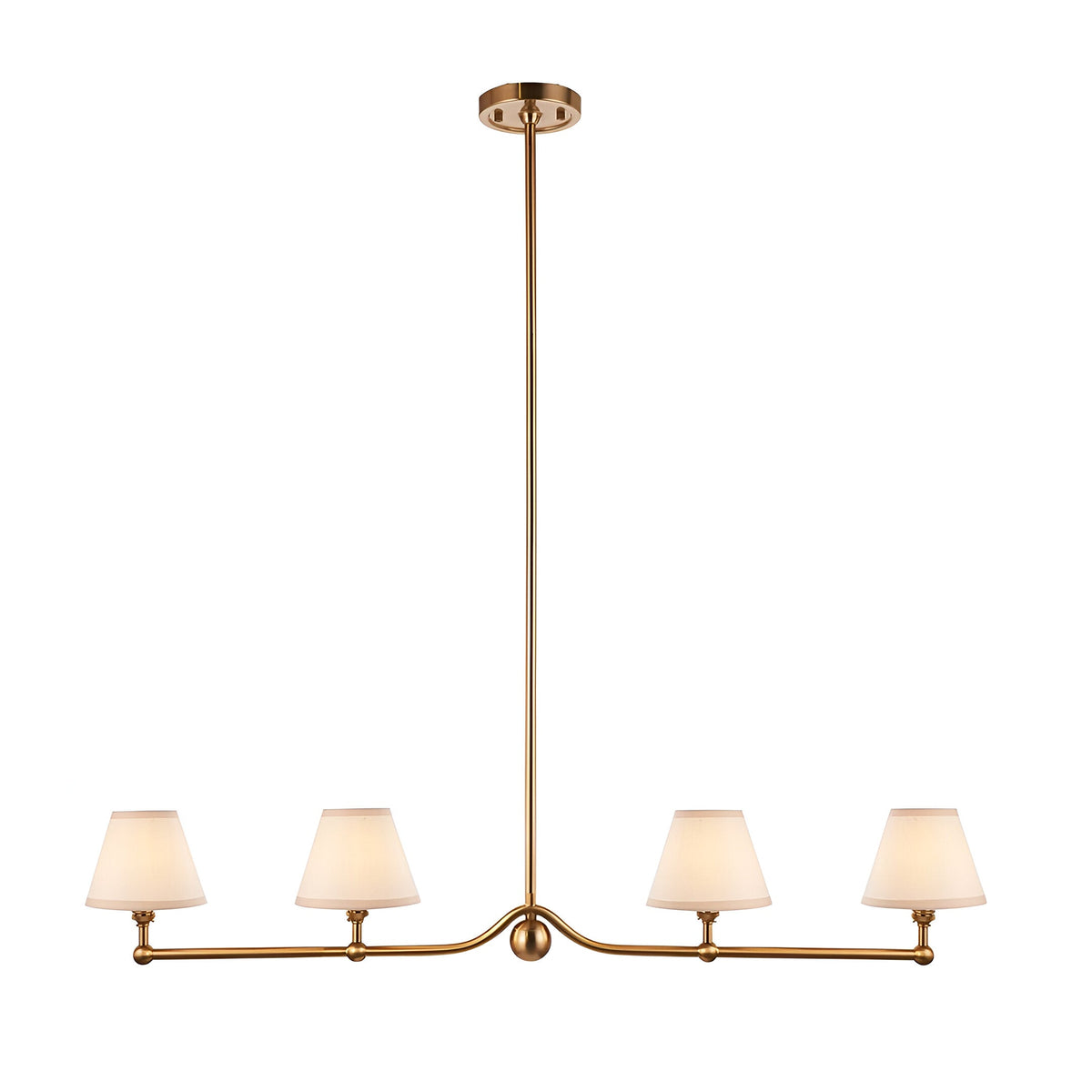 Endon Cliffleigh 4 light linear bar pendant in brushed aged brass with four tapered white cotton mix shades, shown on a plain white background.