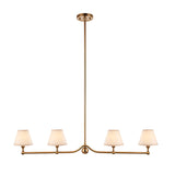 Endon Cliffleigh 4 light linear bar pendant in brushed aged brass with four tapered white cotton mix shades, shown on a plain white background.
