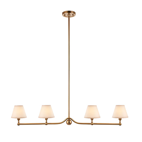 Endon Cliffleigh 4 light linear bar pendant in brushed aged brass with four tapered white cotton mix shades, shown on a plain white background.