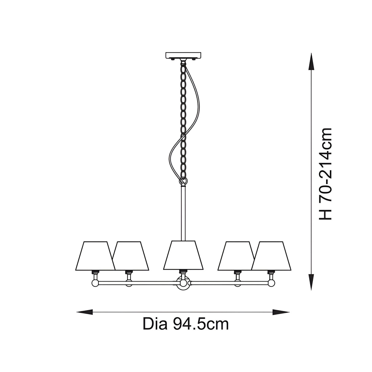 Technical line drawing of the Cliffleigh 5 Light Ripple Pendant showing adjustable chain drop 70-214cm and 94.5cm diameter with five tapered shades.