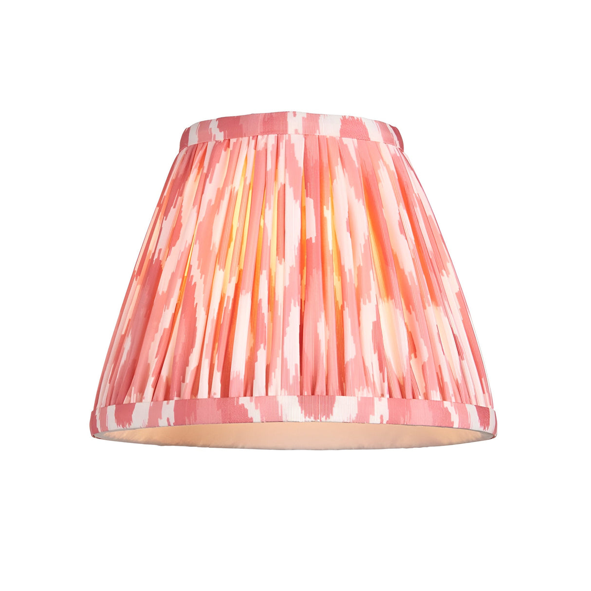 Endon Cliffleigh Ikat pendant shade in pleated coral pink and white faux silk with taped edging, shown on a plain white background.