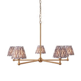 Cliffleigh Ikat 5 Light Pendant with brushed brass frame and pleated grey Ikat-patterned fabric shades, hung from a chain on a white background.