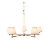 Endon Cliffleigh 5 light pendant with tapered white fabric shades on a brushed aged brass frame and chain suspension, shown on a white background.
