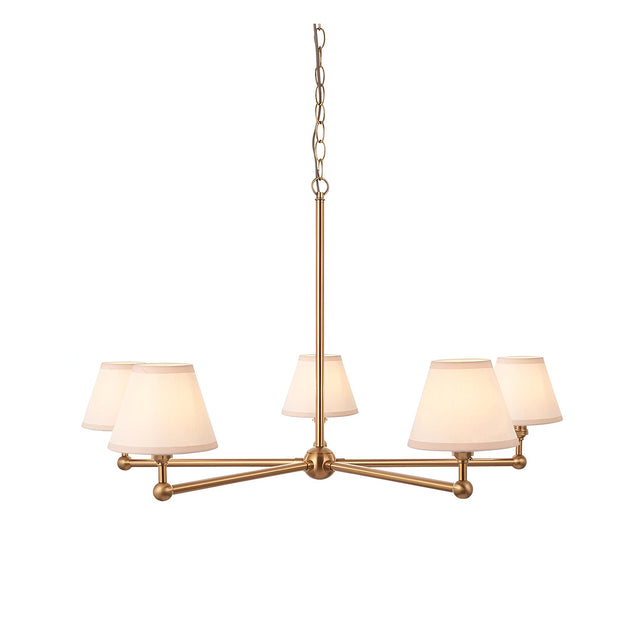 Endon Cliffleigh 5 light pendant with tapered white fabric shades on a brushed aged brass frame and chain suspension, shown on a white background.