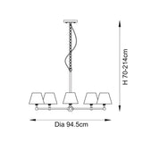 Dimension diagram of the Endon Cliffleigh 5 Light Pendant showing 94.5cm diameter and adjustable 70-214cm height on a plain background.