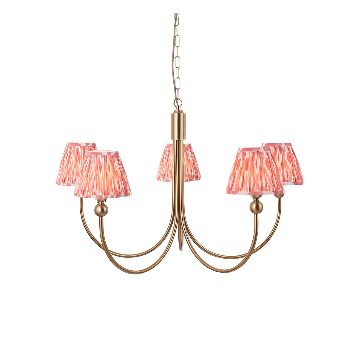 Cliffleigh 5 Light Curved Arm Ikat Pendant in brushed aged brass with coral pink pleated fabric shades on a chain suspension, shown on a plain white background.