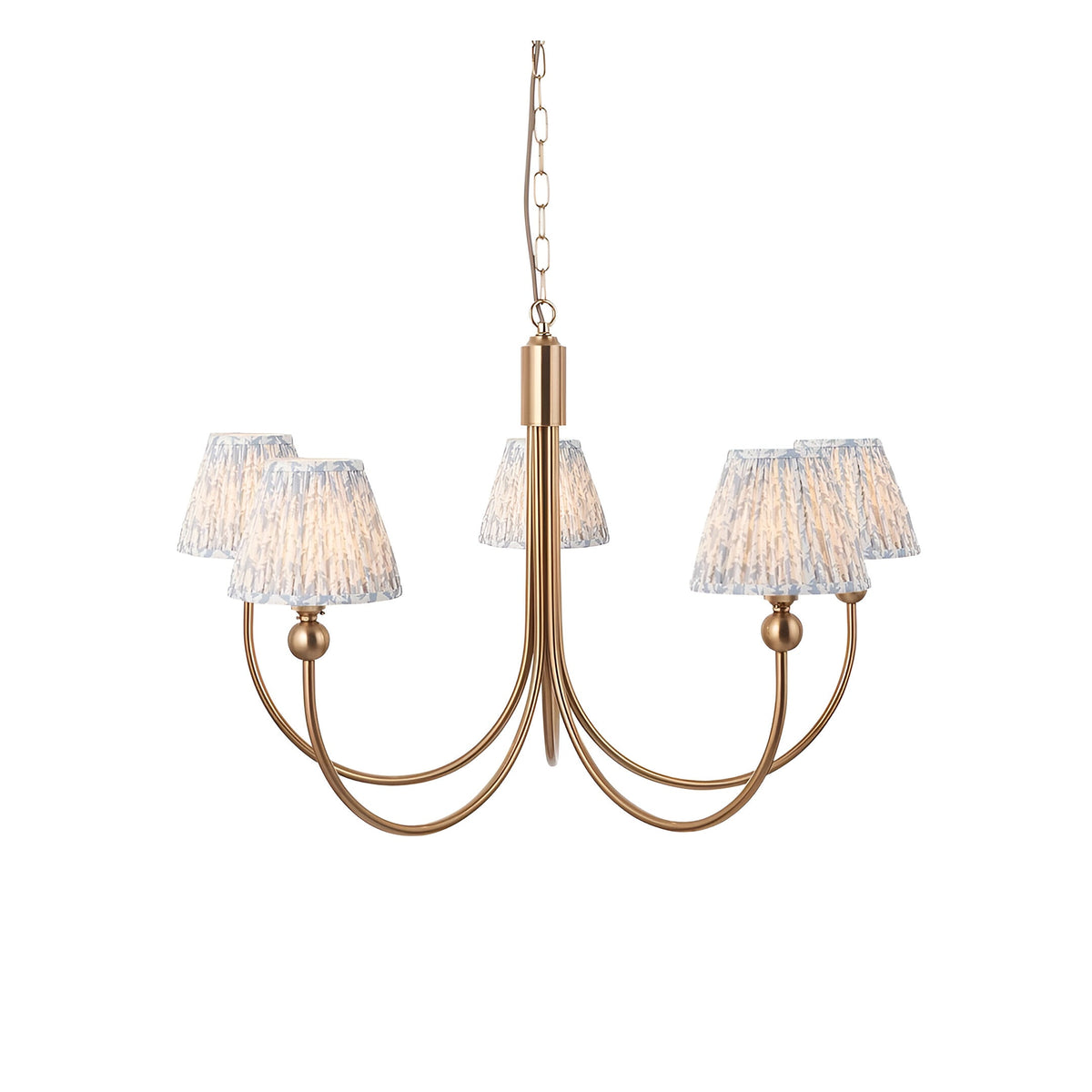 Endon Cliffleigh Leaf 5 light pendant with curved brushed brass arms and tapered blue and grey leaf-print fabric shades, on a chain suspension.