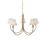 Endon Cliffleigh Leaf 5 light pendant with curved brushed brass arms and tapered blue and grey leaf-print fabric shades, on a chain suspension.
