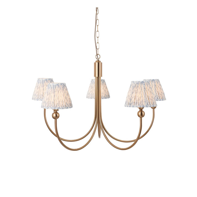 Endon Cliffleigh Leaf 5 light pendant with curved brushed brass arms and tapered blue and grey leaf-print fabric shades, on a chain suspension.
