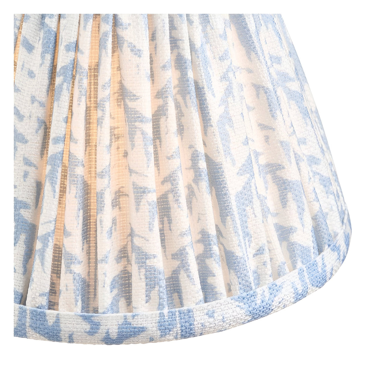 Close-up of Endon Cliffleigh Leaf pendant shade, pleated faux linen in blue leaf print with taped edge on a brushed aged brass frame.