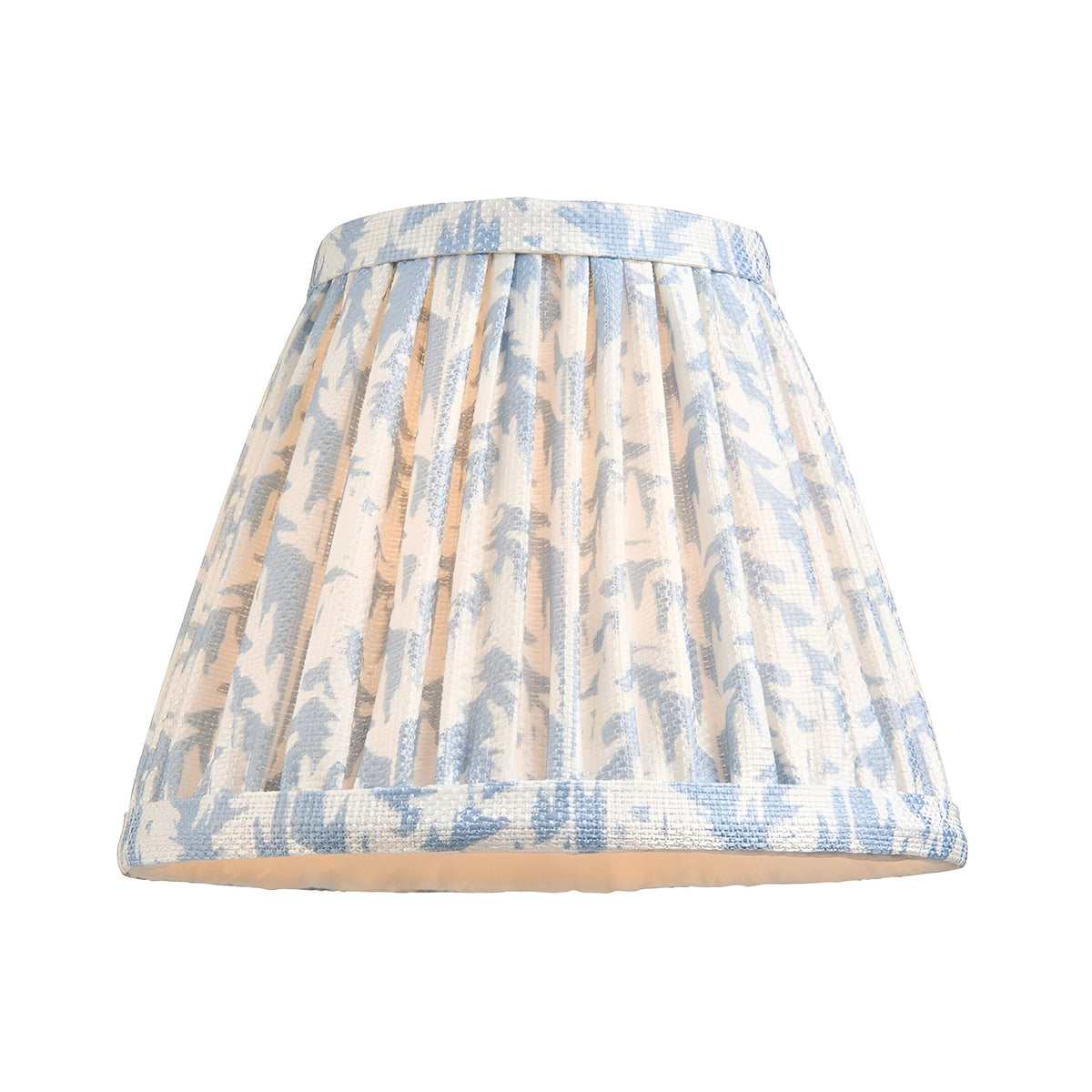 Endon Cliffleigh Leaf tapered pleated pendant shade in faux linen with blue leaf print on cream, taped edge detailing, shown on a white background.