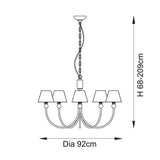 Technical line drawing of the Cliffleigh Leaf 5 light curved arm pendant, showing brass finish, tapered fabric shades, chain height 68-209cm, and 92cm diameter.