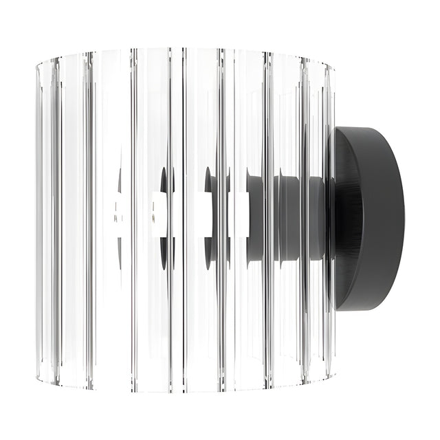 Blur Ribbed Glass Wall Light in matt black, cylindrical clear ribbed glass shade on a round matt black backplate, shown on a plain white background.