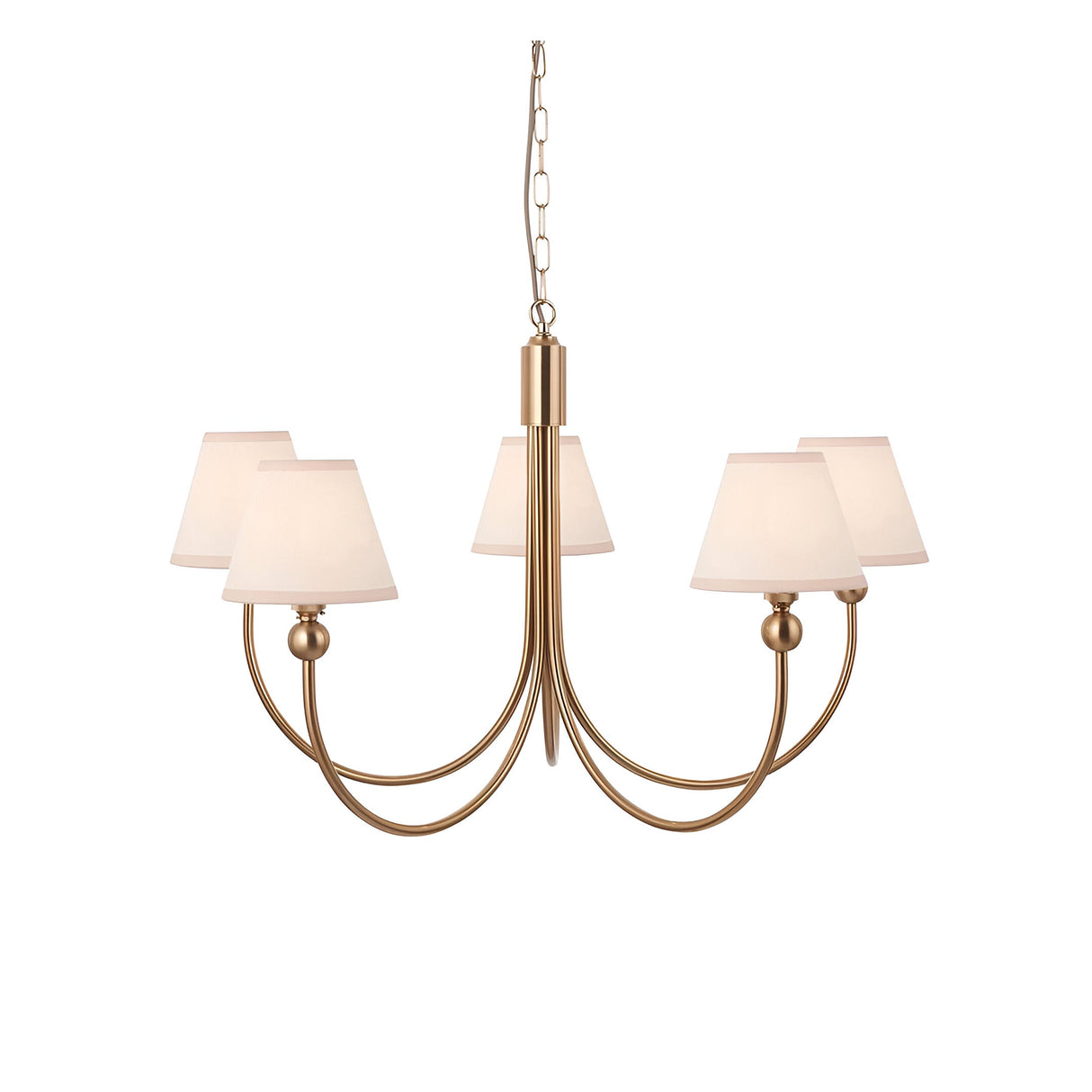 Cliffleigh 5 Light Curved Arm Ivy Pendant with brushed aged brass frame and white cotton-mix tapered shades, on a chain, shown against a plain white background.