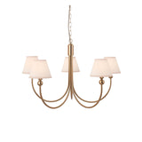 Cliffleigh 5 Light Curved Arm Ivy Pendant with brushed aged brass frame and white cotton-mix tapered shades, on a chain, shown against a plain white background.