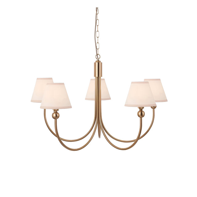 Cliffleigh 5 Light Curved Arm Ivy Pendant with brushed aged brass frame and white cotton-mix tapered shades, on a chain, shown against a plain white background.