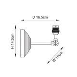 Endon Castley wall light dimension diagram showing 14.3cm height, 16.5cm depth and 10cm width with stepped back plate and adjustable arm.