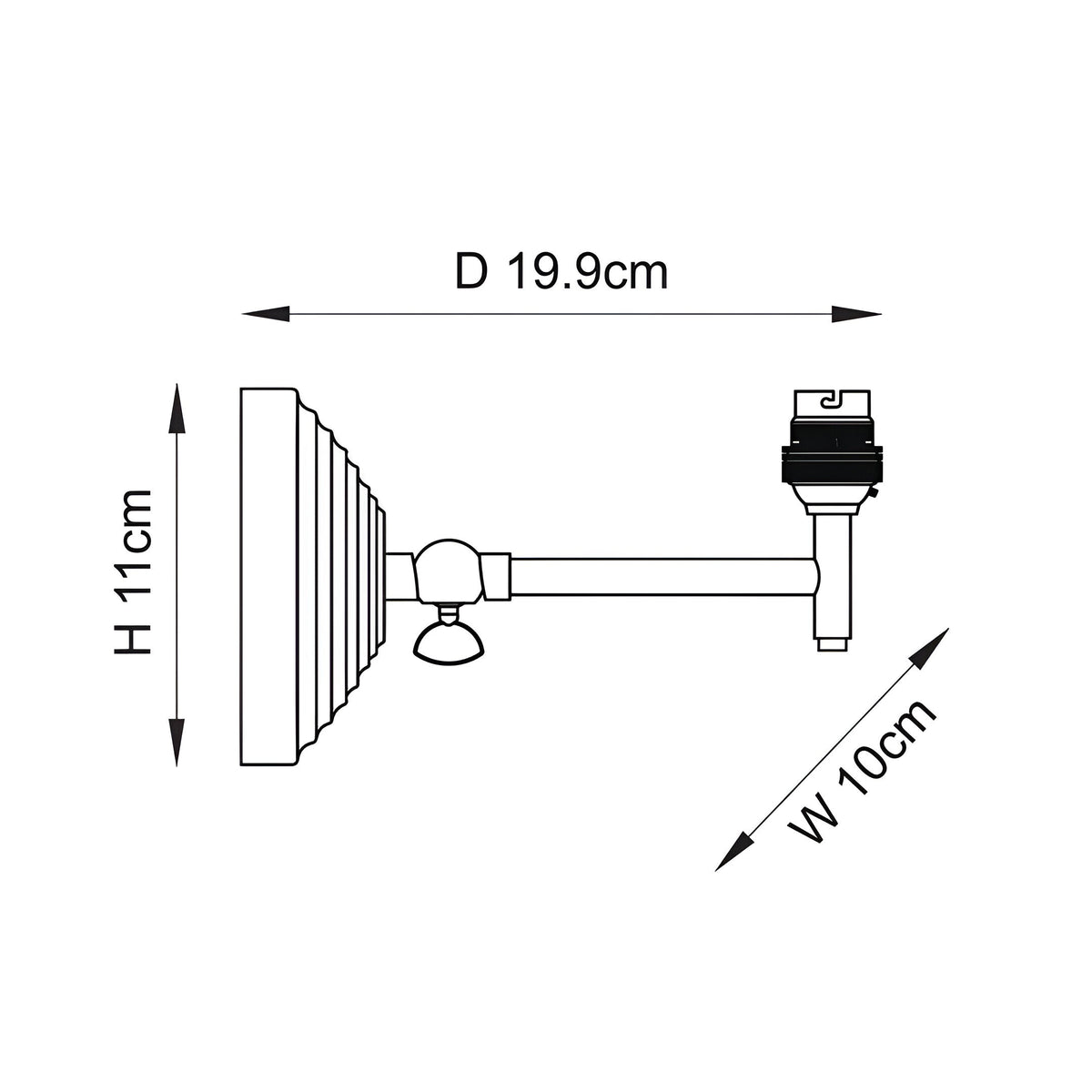 Technical dimension diagram of the Endon Casthurst wall light showing 19.9cm depth, 11cm height, and 10cm width on a plain white background.