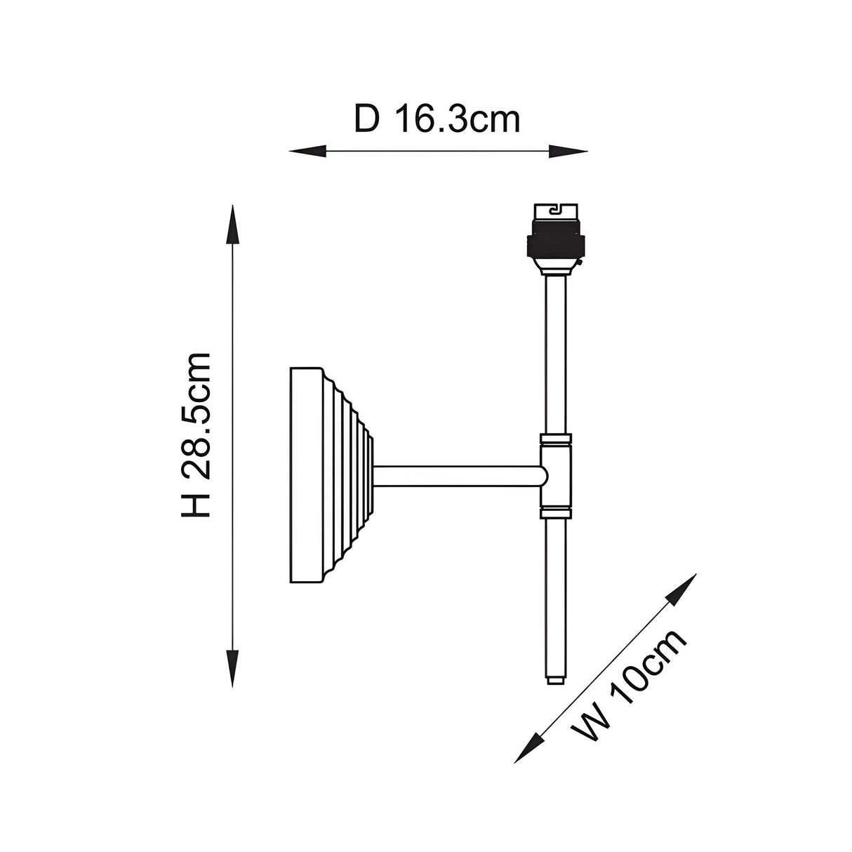 Technical dimension diagram of the Endon Castleigh wall light showing height 28.5cm, depth 16.3cm, and width 10cm on a plain background.