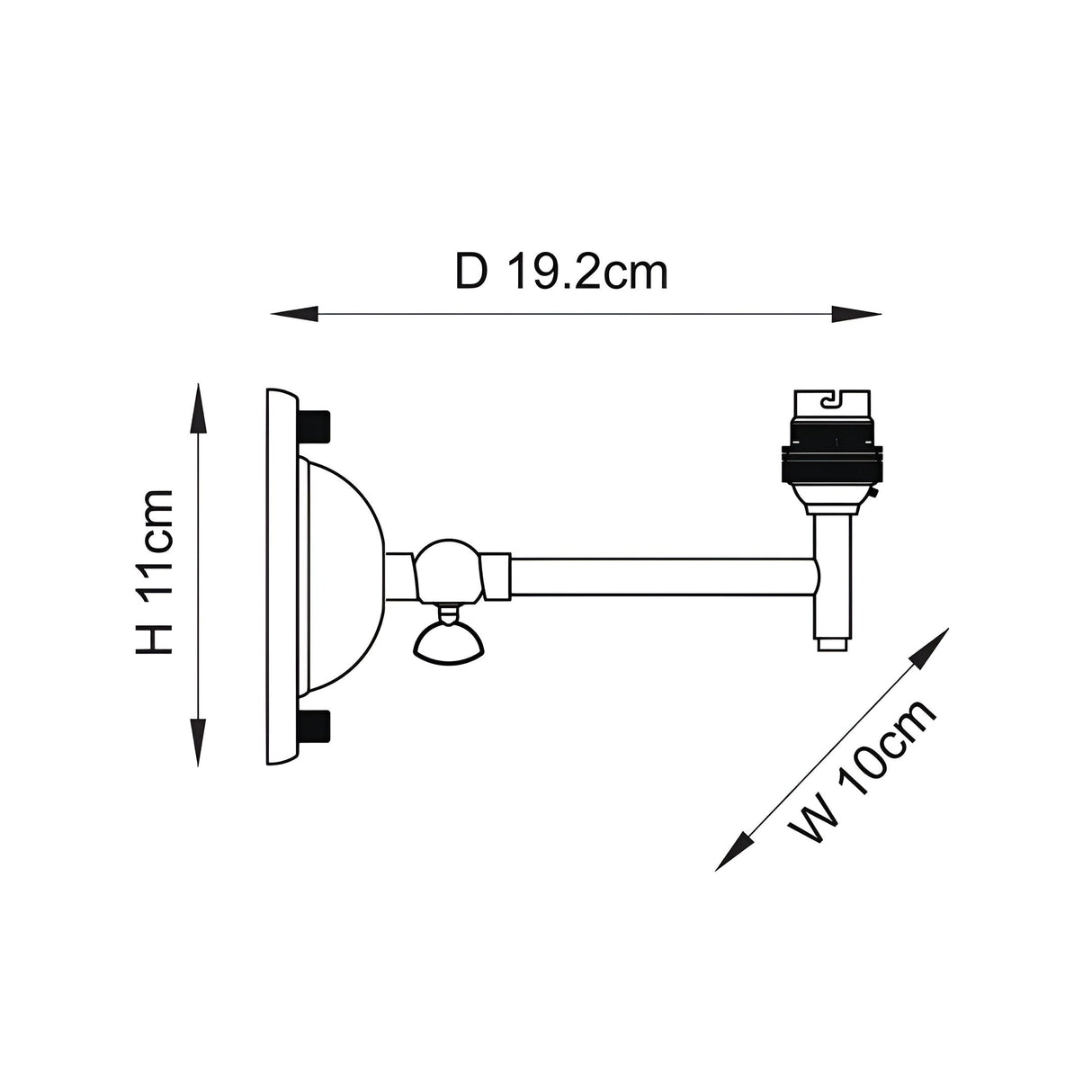 Dimension diagram of the Endon Brackdon wall light showing 19.2cm depth, 11cm height and 10cm width on a plain white background.
