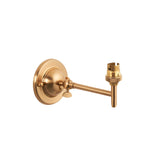 Endon Brackdon wall light in brushed aged brass, featuring a round dome backplate, adjustable knuckle, linear arm, and B22 lampholder on a white background.