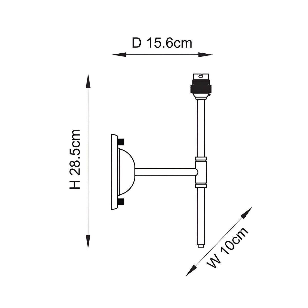 Technical dimension diagram of the Endon Brackfield wall light showing height 28.5cm, depth 15.6cm, and width 10cm on a plain background.