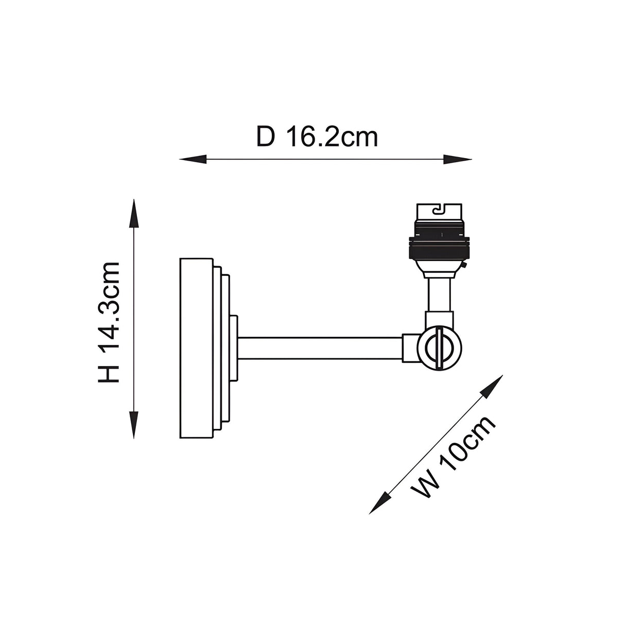 Endon Corven wall light dimensions diagram showing 14.3cm height, 10cm width and 16.2cm depth with B22 lampholder on adjustable arm.