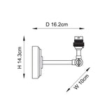 Endon Corven wall light dimensions diagram showing 14.3cm height, 10cm width and 16.2cm depth with B22 lampholder on adjustable arm.